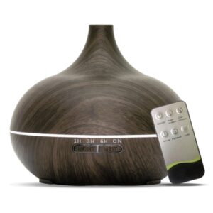 Essential Pro aroma diffuser in donker hout design, luchtbevochtiger voor aromatherapie en ontspanning.