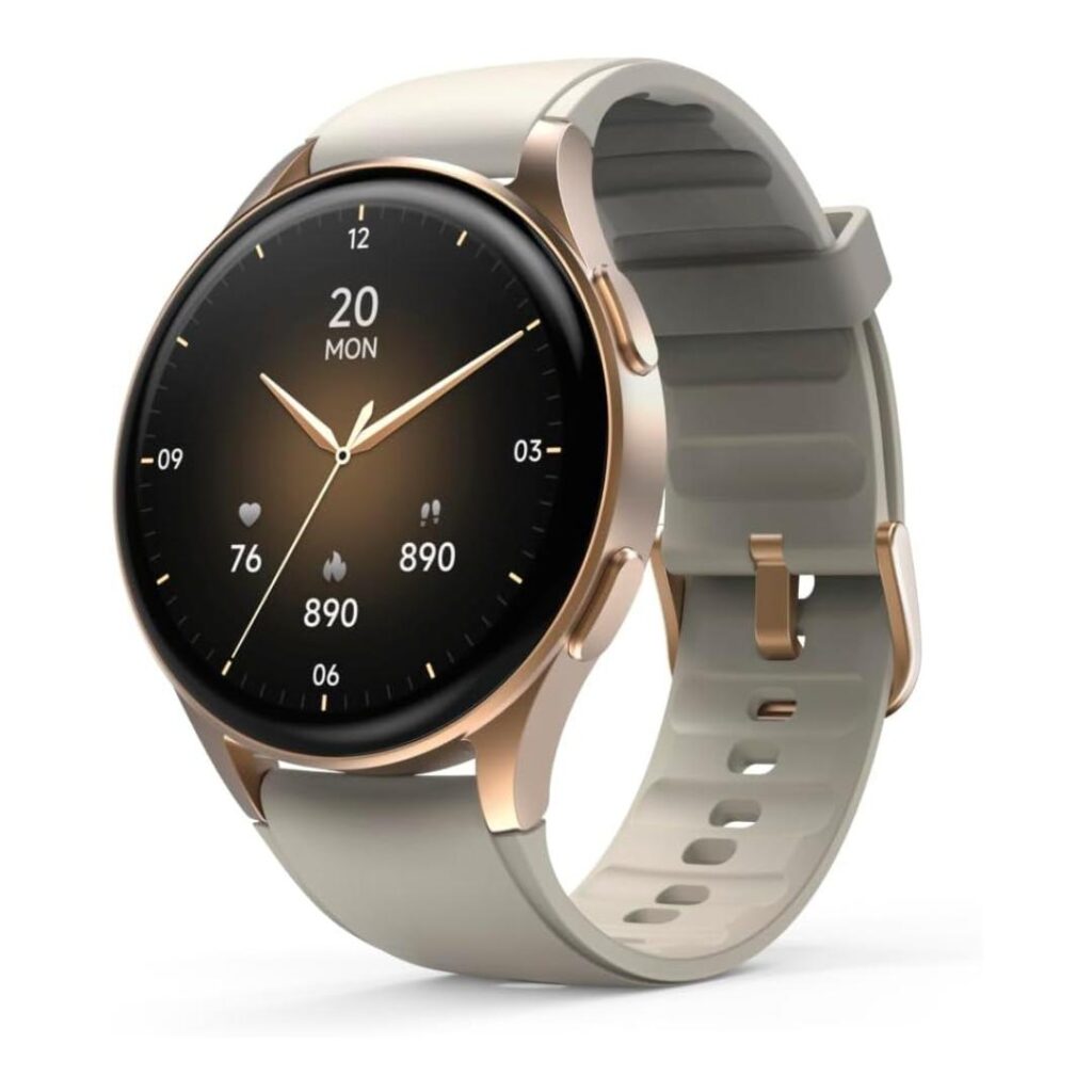 Hama Smartwatch 8900 met 1.32-inch AMOLED display, goud met beige band, GPS-functionaliteit.