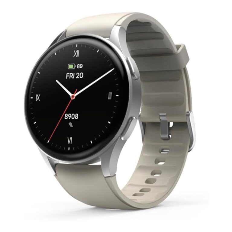 Hama Smartwatch 8900 met 1.32-inch AMOLED display, zilver met beige band, GPS-functionaliteit.